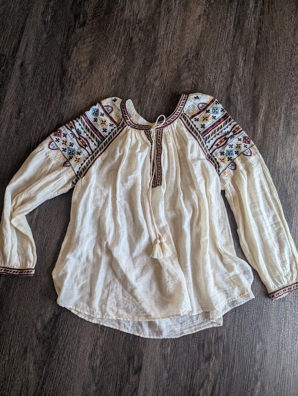 Zara Trafuluc Collection Cream Peasant Tunic with Embroidered Accents Small
